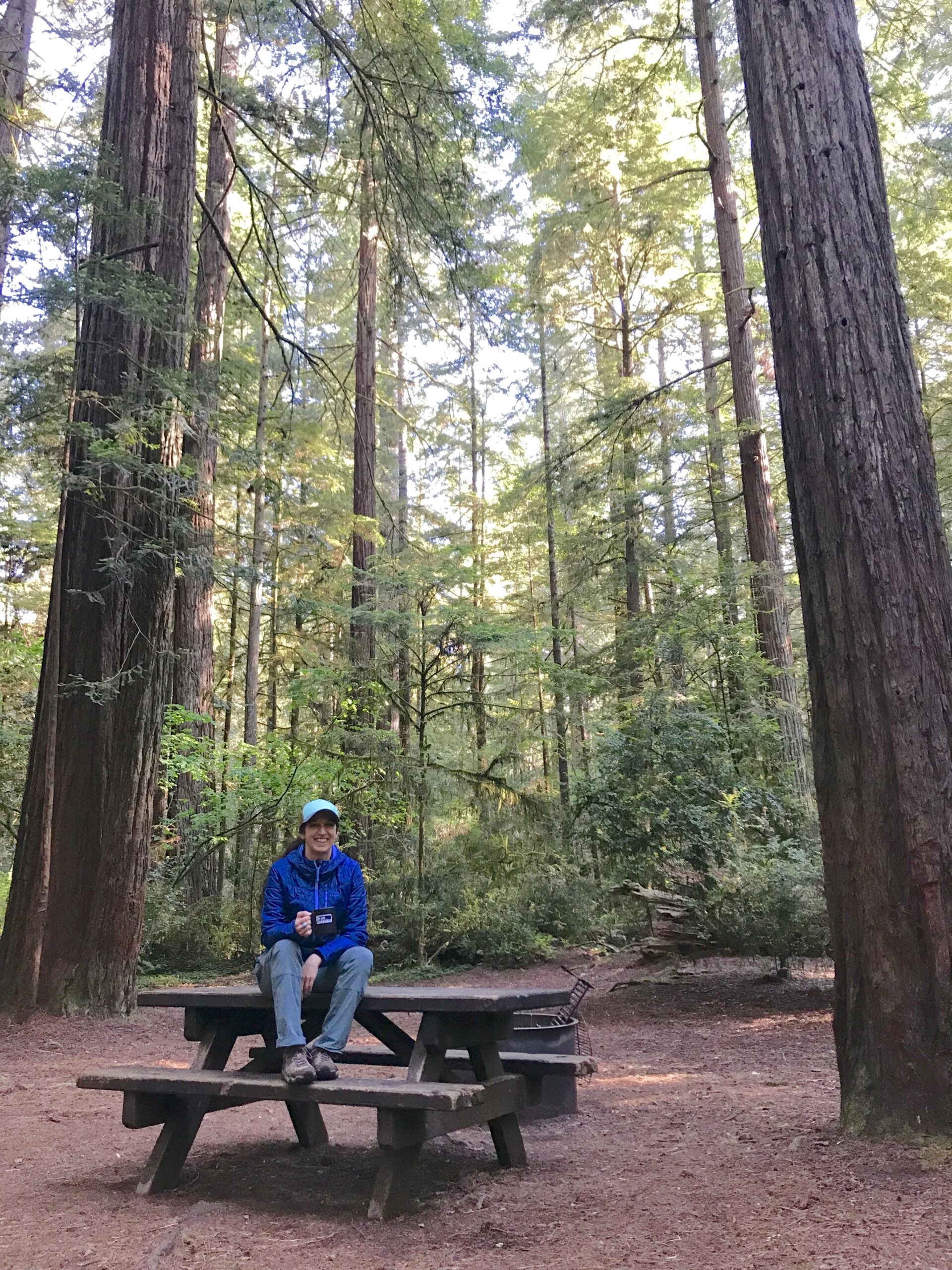 woman taking a picture sitting on a picnic table
