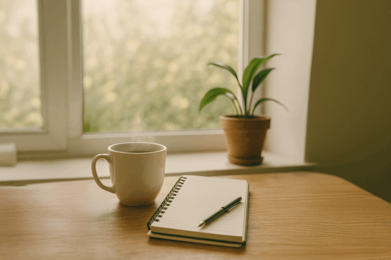 A notebook, a cup of coffee, and a small plant arranged on a wooden table, creating a cozy workspace atmosphere.