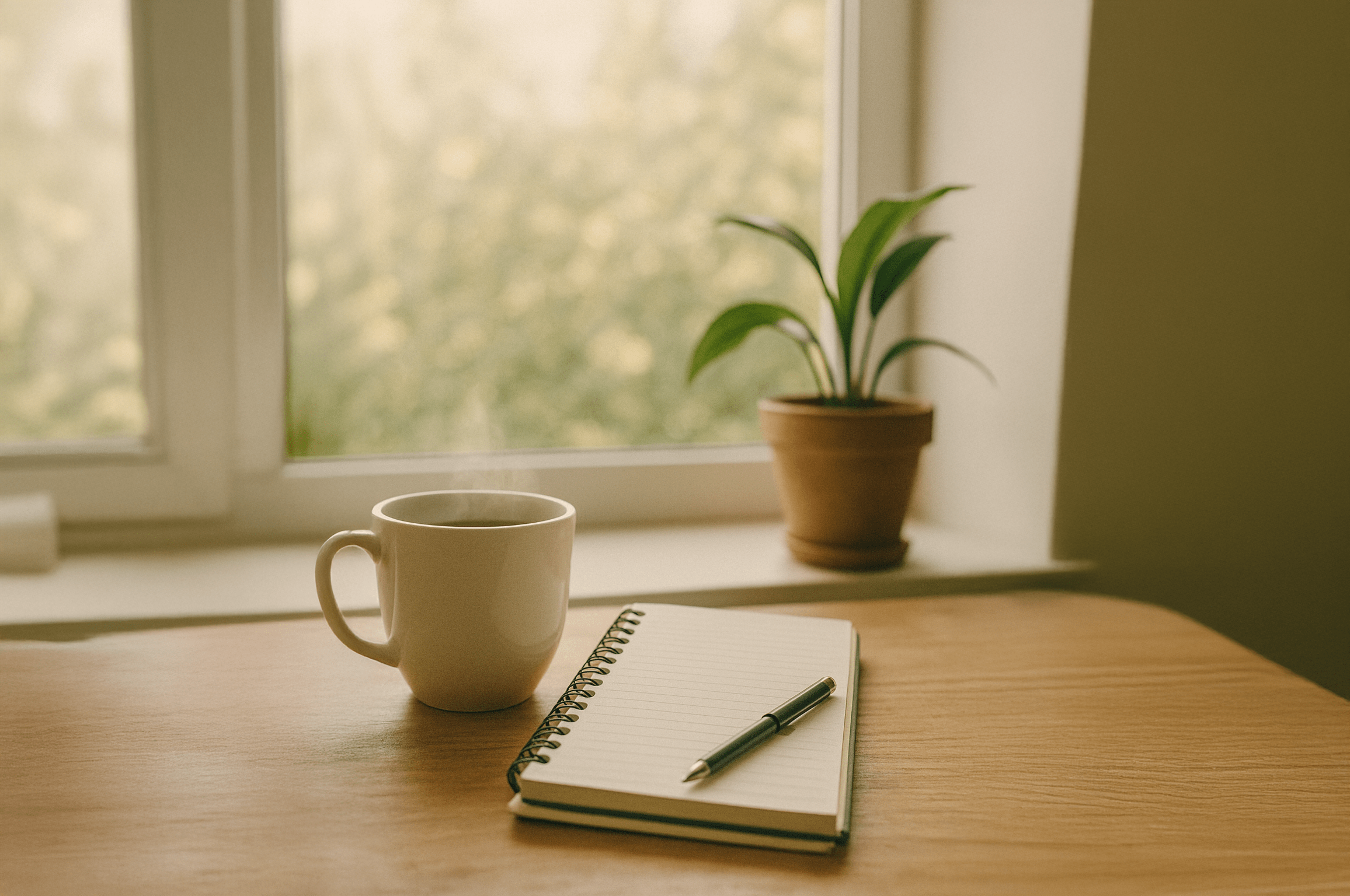 A notebook, a cup of coffee, and a small plant arranged on a wooden table, creating a cozy workspace atmosphere.