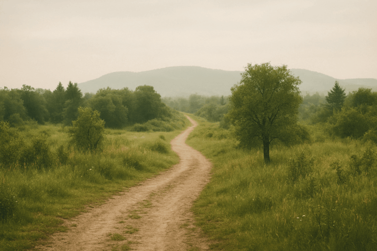 A dirt road stretches through a lush green field under a clear blue sky.